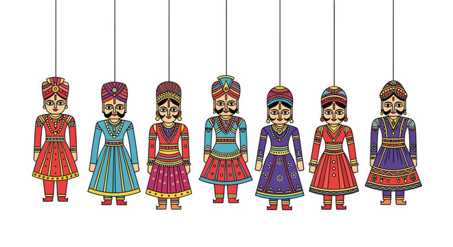 Seven traditional Indian puppet dolls, both male and female, showcasing unique colorful clothing, headwear, and facial features, are suspended by strings on a clean white background.