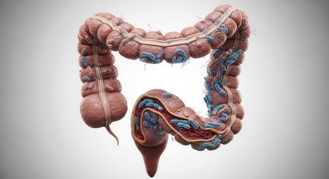 3D illustration of the human colon with gut bacteria, microscopic view