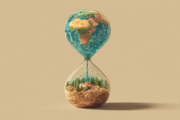 Earth hourglass showing melting globe and forest below
