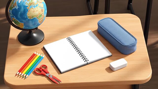 Vibrant arrangement of essential classroom tools and school supplies on a wooden desk, ready for a new learning day, evoking the spirit of education and knowledge pursuit