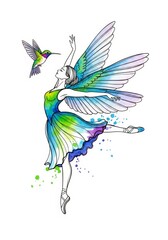 Fototapeta premium Woman ballet dancer with hummingbird wings and colorful watercolor splashes. Fairy tale ballerina dancing with a bird for children story.