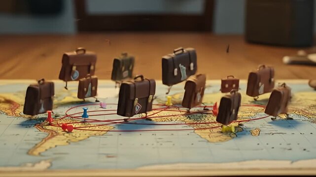 Animated suitcases travel a world map connected by red string and push pins on a wooden surface