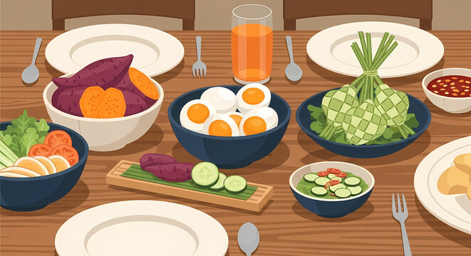 A clean 2D illustration of a set dining table featuring traditional Indonesian dishes like ketupat, boiled eggs, and sweet potatoes, presented in a perspective view with neat place settings.