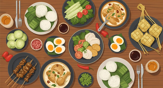 A vibrant overhead illustration of a traditional Indonesian feast on a wooden table, featuring satay, ketupat, opor ayam, and various fresh side dishes arranged for a festive meal.