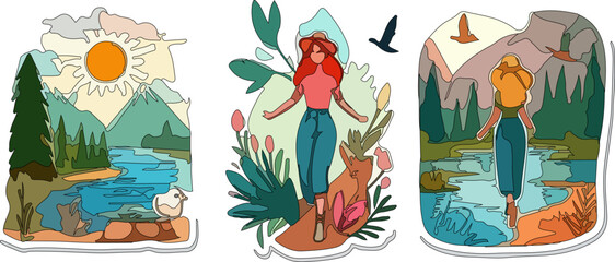 Obraz premium Cute Nature Sticker Illustration Collection Featuring Young Women Walking Outdoors in Forest, Mountains, and Scenic Natural Landscapes