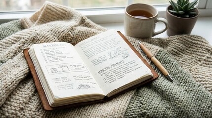 Cozy reading nook with an open book, a warm drink, and a plant on a knitted blanket by the window