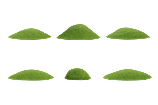 Six small green grassy mounds isolated on a transparent background, shown as individual landscape turf elements