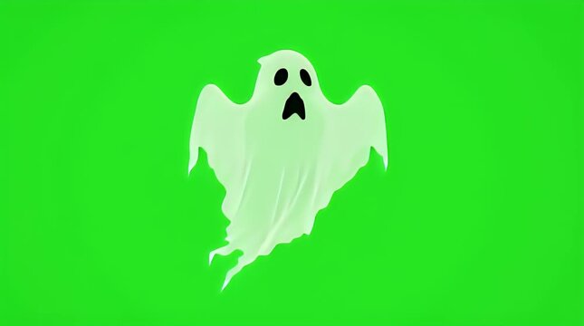 Animated white sheet ghost character with a scared expression floating magically against a vibrant solid green screen chroma key background perfect for visual effects