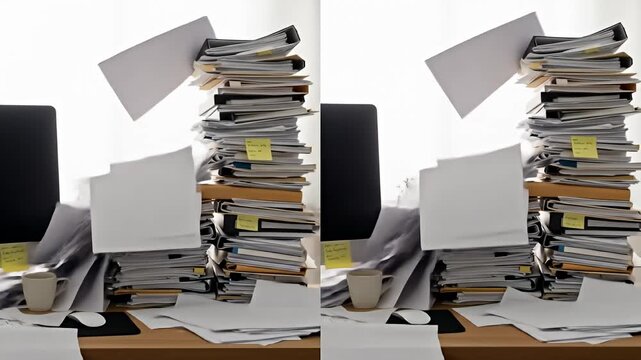 A chaotic desk with piles of papers, folders, a mug, keyboard and computer monitor