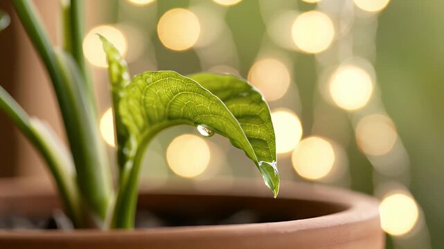 Close-up of green plant leaf with water droplets, in a brown pot, with bokeh lights