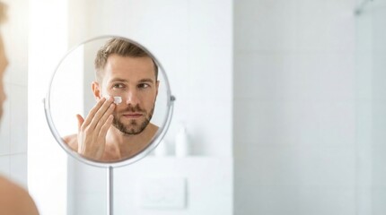 Fototapeta premium A man with a beard looks into a magnifying mirror while applying moisturizing cream to his face.