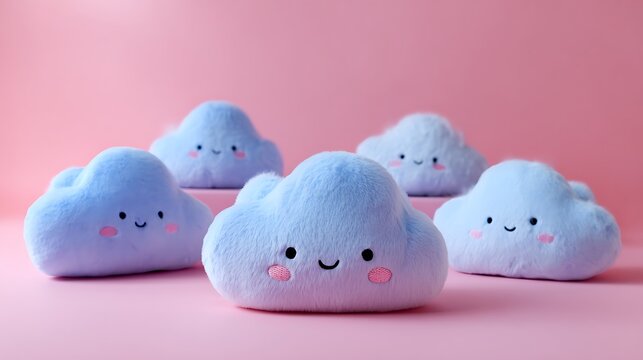 Soft blue cloud plush toys arranged on pastel pink background creating calm and playful atmosphere.