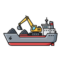 Cargo Ship Loading Coal with Excavator Illustration.