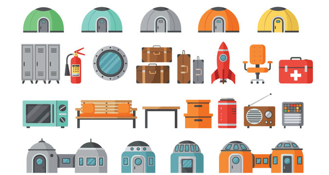 Space Station Habitat and Equipment Icon Set Featuring Modules, Lockers, Furniture, Medical Kits, and Futuristic Buildings for Sci-Fi Vector Design