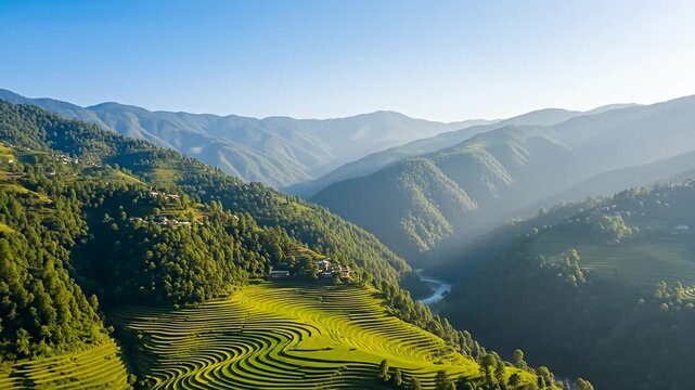 Terraced green rice fields nestle in rolling mountains under a clear, blue sky