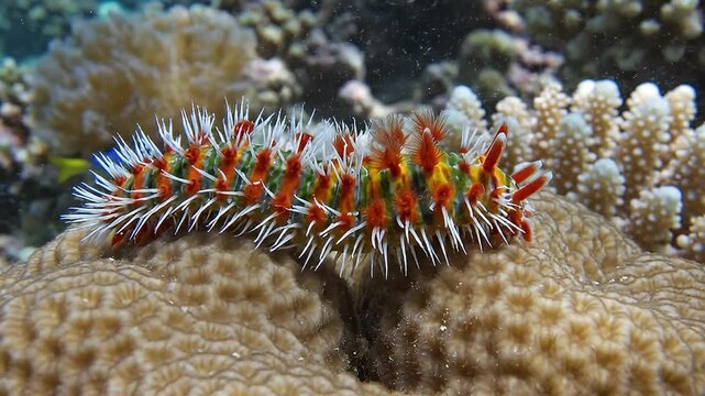 Vibrant Fireworm on Coral Reef Underwater.