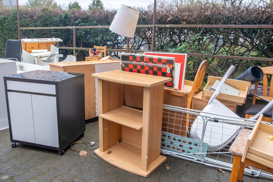 bulky waste reduction, large pile discarded furniture, renovation or decluttering process, used things on street, problem shredding garbage, debris trash, diverted for recycling, pollution nature