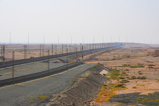 High-speed railway tracks of the Haramain High-Speed Railway stretching through the Saudi Arabian desert between Medina and Mecca