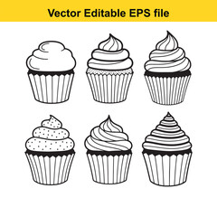 Cupcake Icons Set with Various Frosting Designs - Vector Illustration