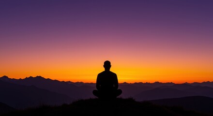 Fototapeta premium Serene Sunrise Meditation Silhouette of Man Contemplating Mountain Majesty