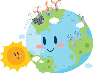 Naklejka premium Smiling Earth and Sun with Clean Energy Technologies