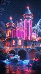 Obraz premium Fantasy Castle Illuminated with Neon Lights on a Bridge