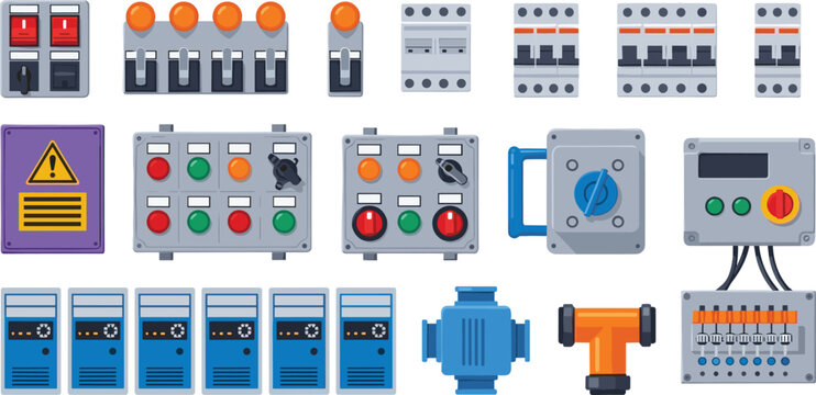 Industrial Electrical Control Panel Icon Set Featuring Switches Circuit Breakers Buttons Motors and Automation Equipment for Factory Systems Vector Design