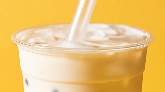 Creamy bubble tea with tapioca pearls, ice, and a straw against a yellow background