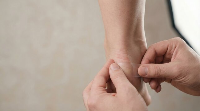 Person's hands applying a clear transdermal or pain relief patch to their ankle.