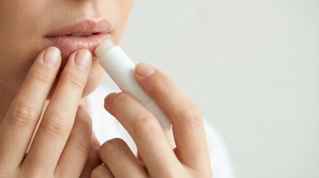 Close-up of a woman applying a hydrating lip balm or chapstick to her smooth, natural lips.