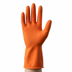 Obraz premium Bright orange disposable rubber protective glove displayed on hand