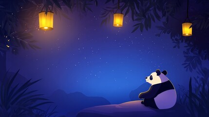 Fototapeta premium Giant panda rests on jungle rock adorable panda observes surroundings from rock in dense jungle