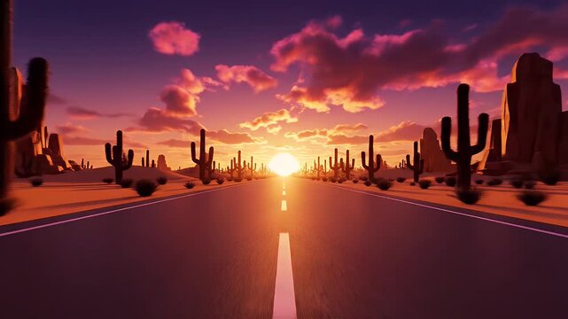 A desert highway at sunset. Cacti and rock formations flank a long road toward a bright sun