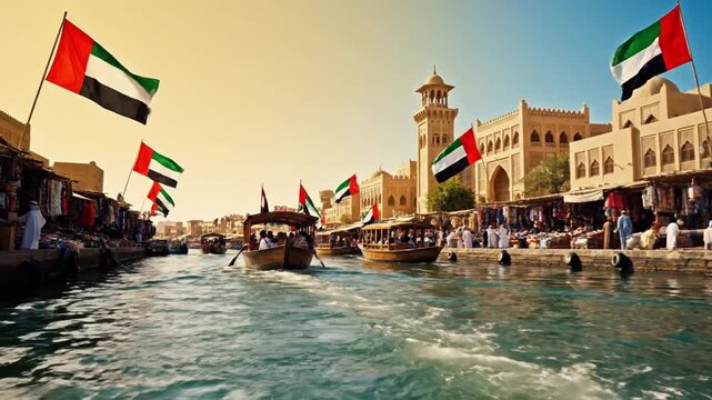 Traditional Abra boats with UAE flags on Dubai Creek