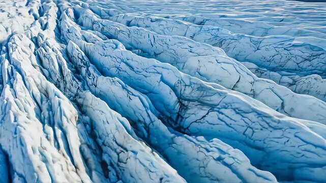 Aerial view of a glacier with blue ice ridges, showing cracks and fissures in the ice