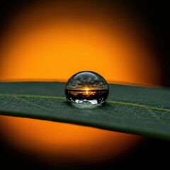 Sunset Reflected in a Dewdrop on a Leaf
