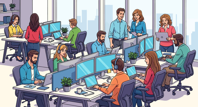 Happy Employees Collaborate in Modern Workspace