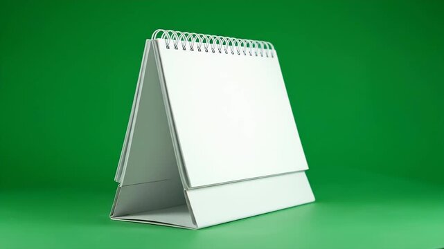 A white desk calendar with a metal spiral binding stands against a green backdrop