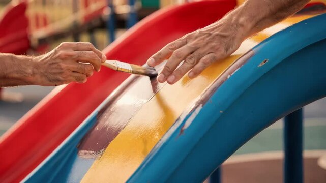 Focused shot of hands repairing a plastic slide applying protective coating while surrounding equipment fades softly out of focus.