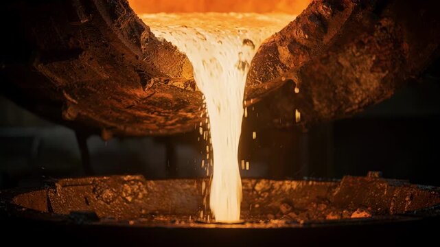 Detailed view of liquid steel tap stream glowing intensely contrasted by a soft blurred furnace and ladle sides showing heat and motion in steelmaking process.