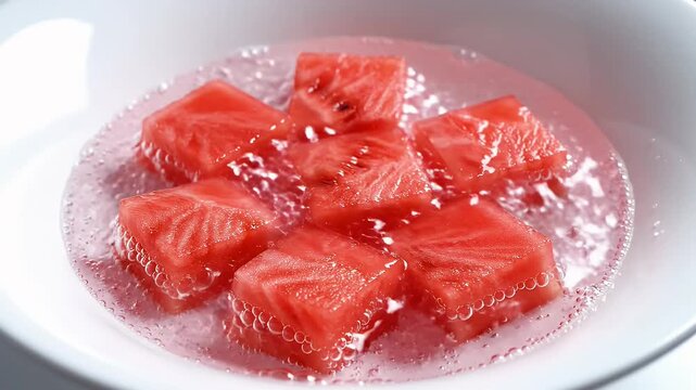 Cubed watermelon in bubbly liquid within a white bowl, close-up shot
