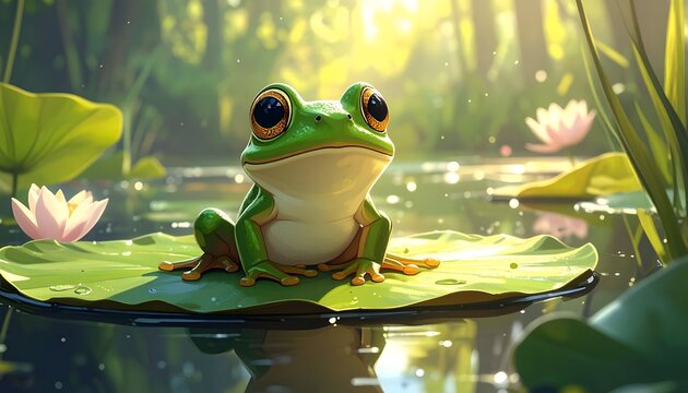 Vibrant Green Frog on Lily Pad in Sunlit Pond