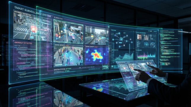 A futuristic smart surveillance system displays real-time analytics, heatmaps, and data on multiple transparent screens in a dark control room.