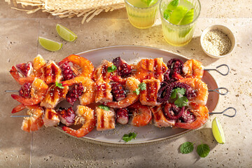 Hot roasted skewer as a Mediterranean dinner.