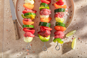 Preparations for grilling spicy skewers as summer snack for bbq.
