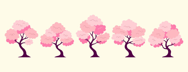 Vector set of blooming sakura trees in different shapes and sizes. Elegant cherry blossom tree silhouettes for landscape design, park illustrations, and Japanese culture themes.  © Moonberry_Studio
