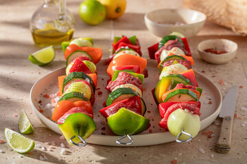 Preparations for grilling delicious skewers with onion, peppers and meat.