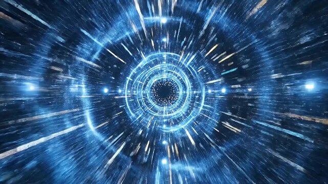 A glowing blue vortex of light speeds through a dark, abstract tunnel