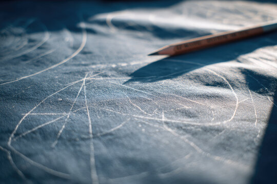 Ethical ai coding process shown by wooden pencil on blue surface with abstract scratch lines and creative artistic expression in soft natural light