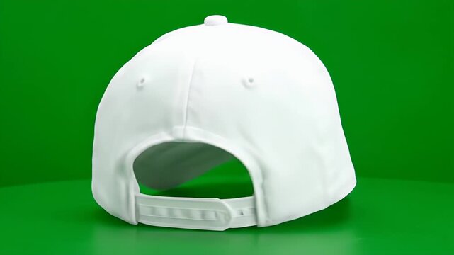 Back view of white baseball cap on green background. Reflective surface